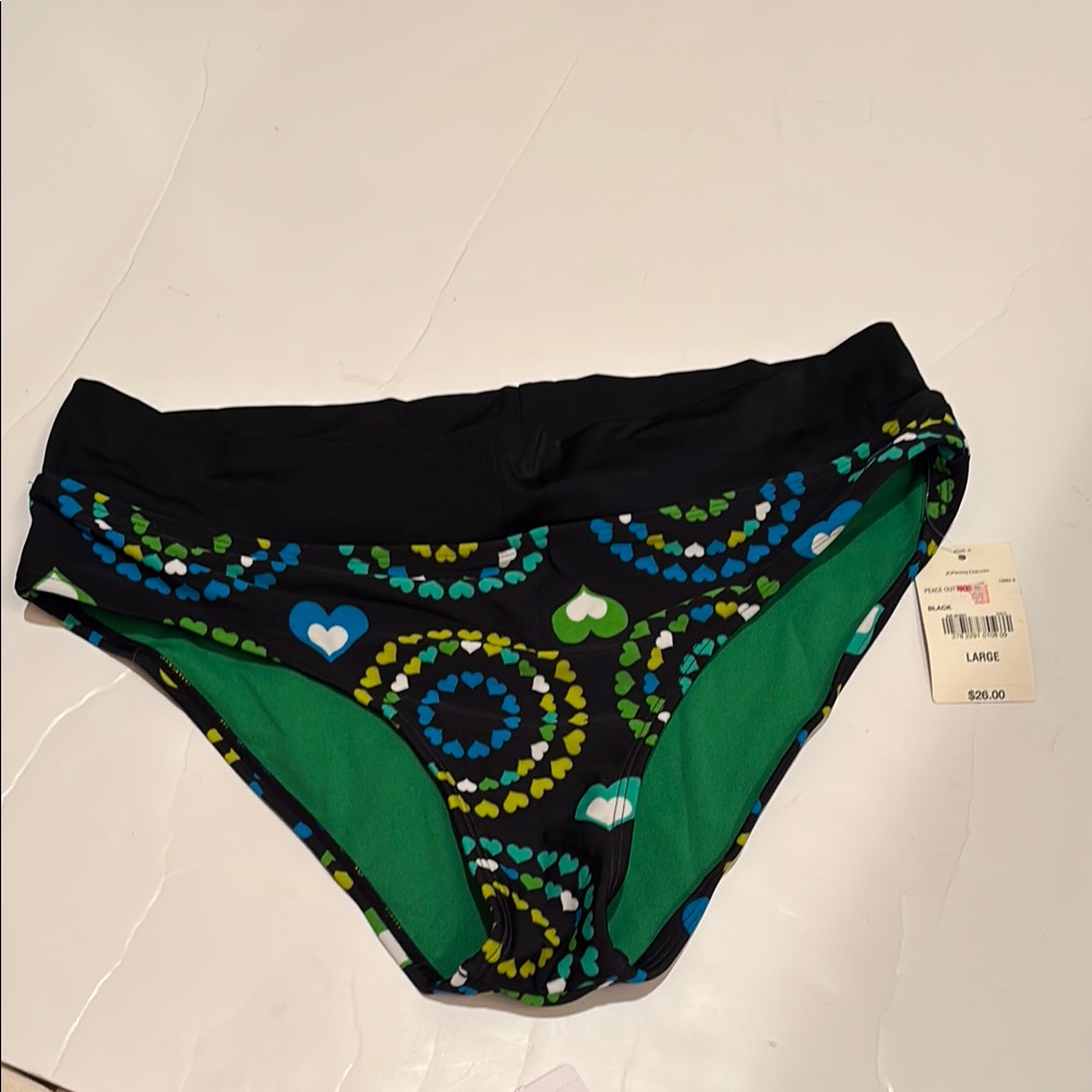 Nwt Arizona Jean Company Black And Green Heart Pattern Bikini Bottom Hipster L